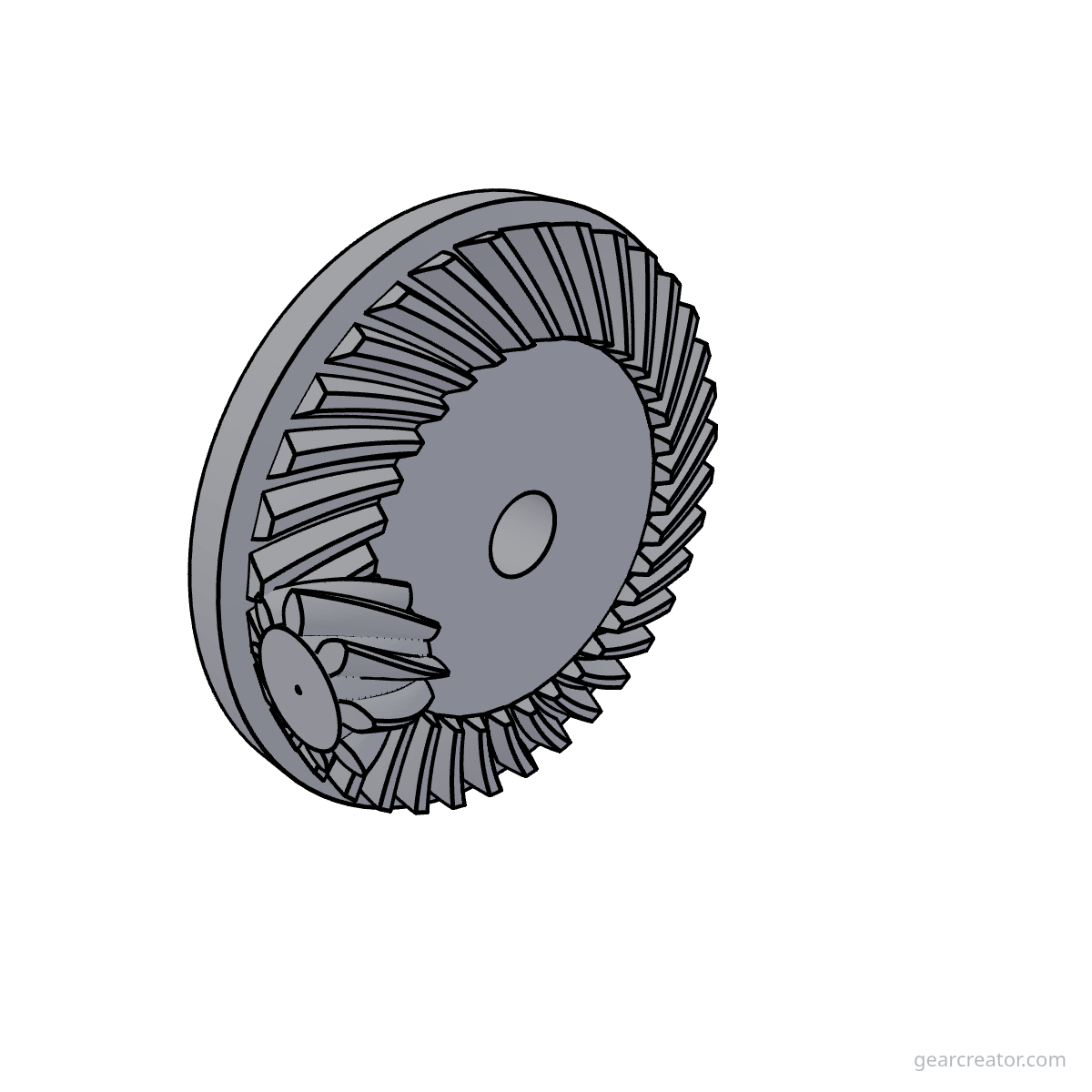 3D render of a 35T Ring / 8T Pinion Spiral Bevel bevel gears assembly, blueprint style, on white background