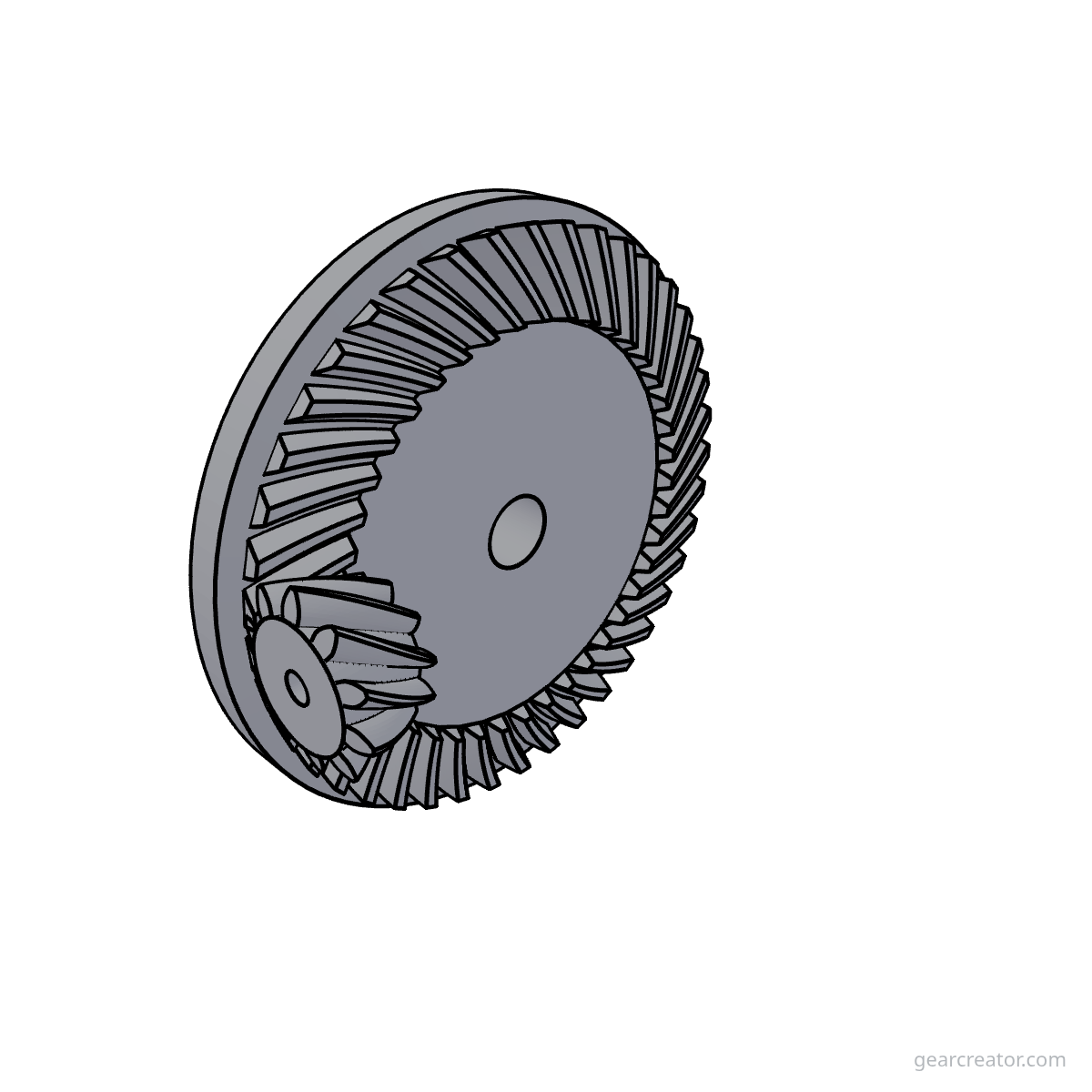 3D render of a 41T Ring / 10T Pinion Spiral Bevel bevel gears assembly, blueprint style, on white background