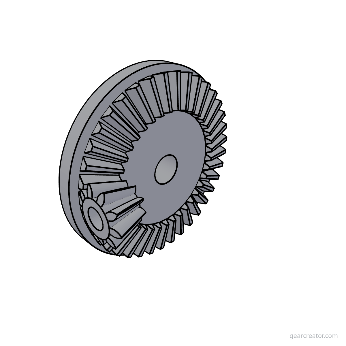3D render of a 37T Ring / 9T Pinion Straight Bevel bevel gears assembly, blueprint style, on white background