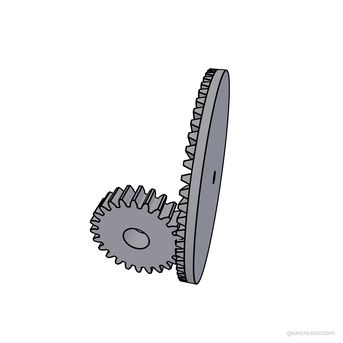 3D render of a 60T Face / 24T Pinion · m1 face gears assembly, blueprint style, on white background
