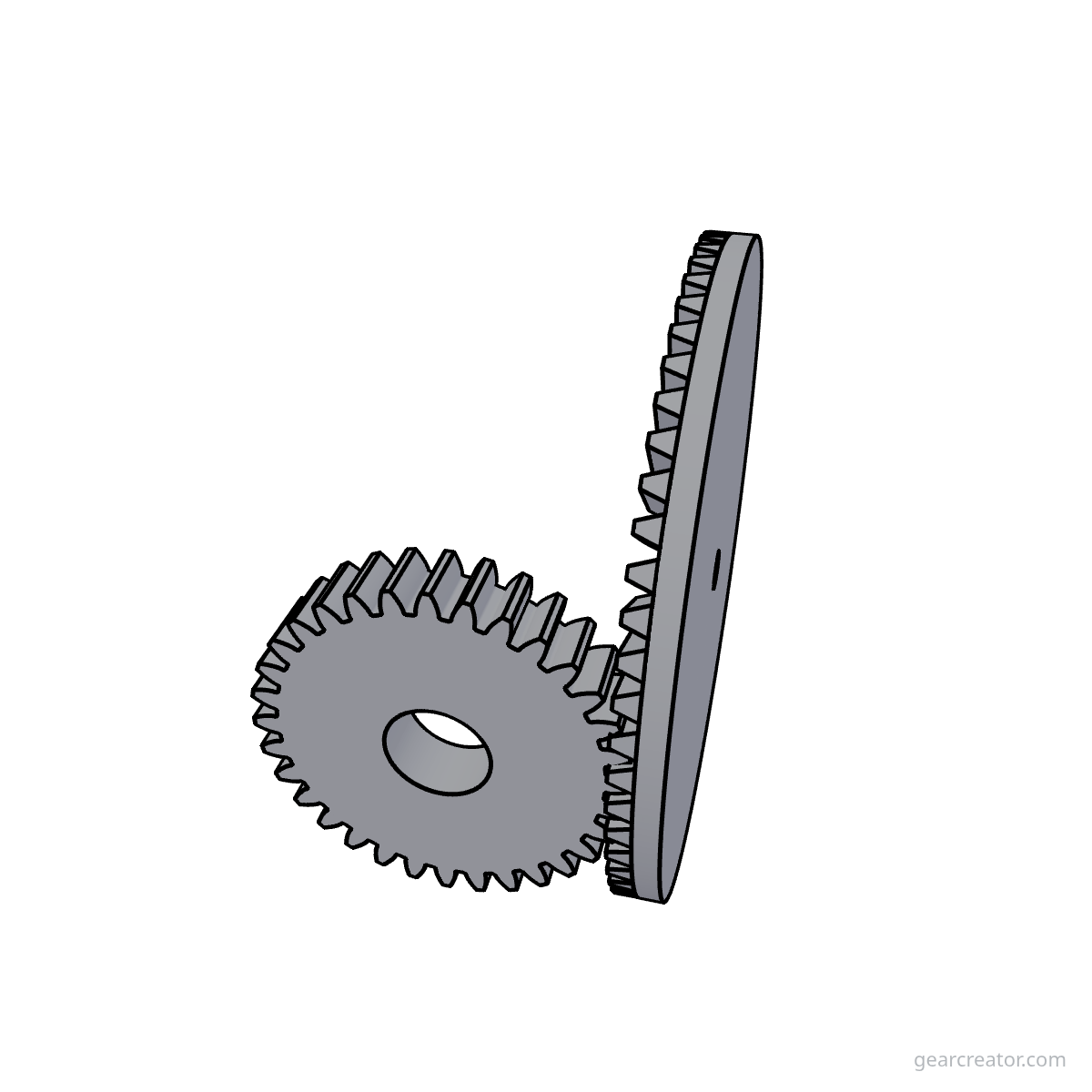 3D render of a 60T Face / 32T Pinion · m1 face gears assembly, blueprint style, on white background