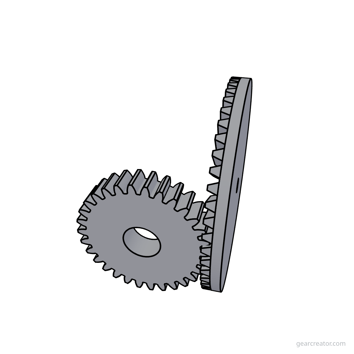 3D render of a 50T Face / 30T Pinion · m2 face gears assembly, blueprint style, on white background