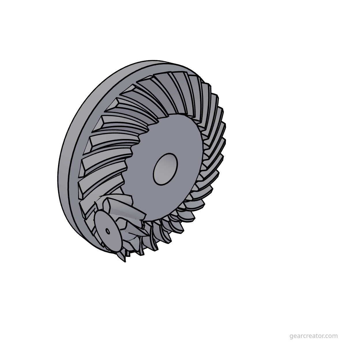 3D render of a 29T Ring / 7T Pinion Hypoid Set hypoid gears assembly, blueprint style, on white background