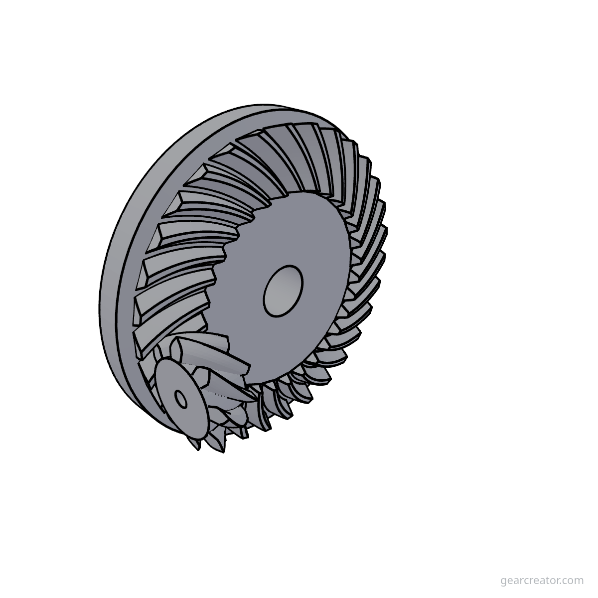 3D render of a 31T Ring / 8T Pinion Hypoid Set hypoid gears assembly, blueprint style, on white background