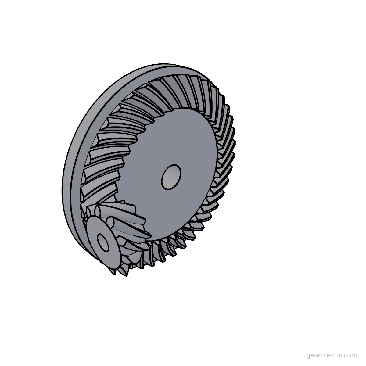 3D render of a 39T Ring / 10T Pinion Hypoid Set hypoid gears assembly, blueprint style, on white background
