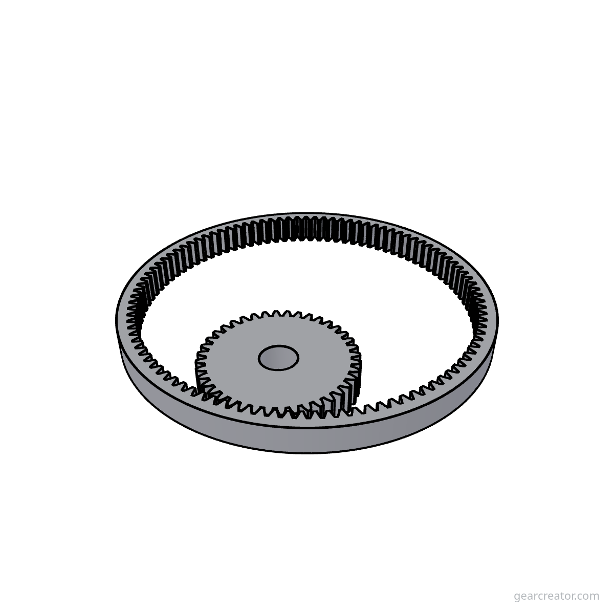 3D render of a 100T Ring / 40T Pinion · m1 internal gears assembly, blueprint style, on white background