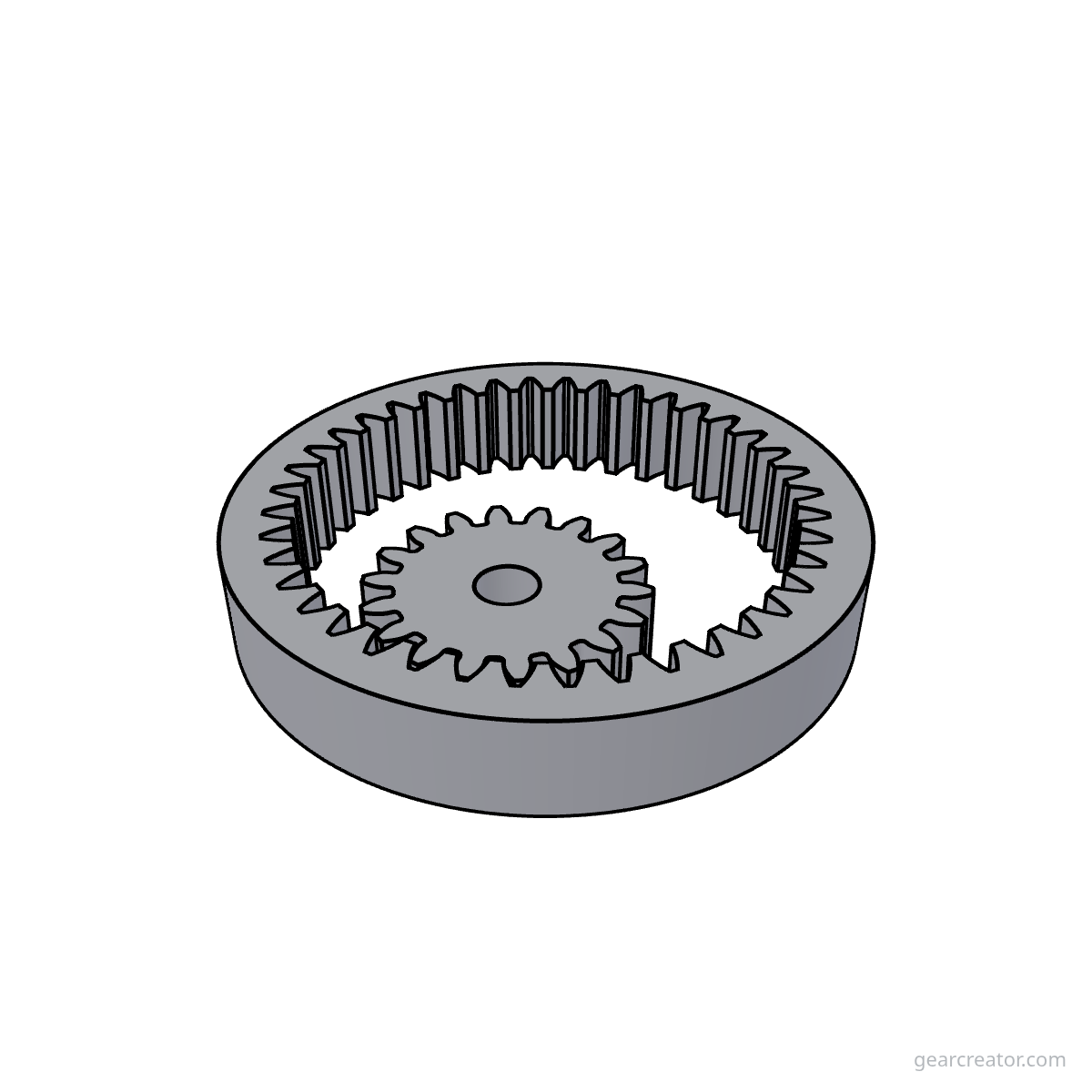 3D render of a 40T Ring / 18T Pinion · m1 internal gears assembly, blueprint style, on white background