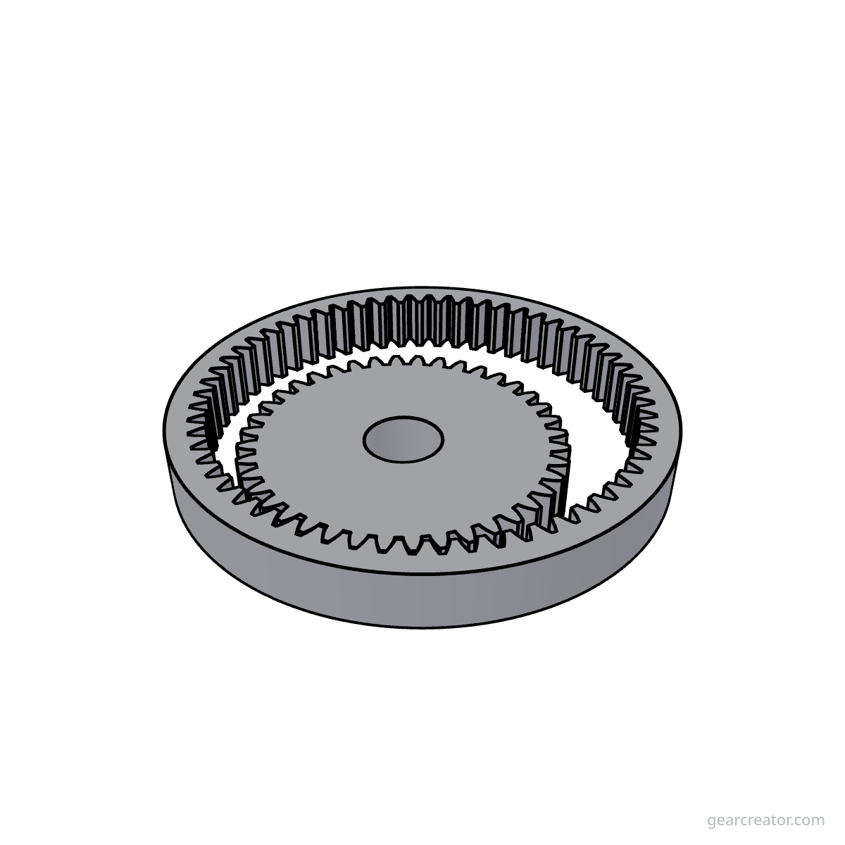 3D render of a 60T Ring / 40T Pinion · m1 internal gears assembly, blueprint style, on white background