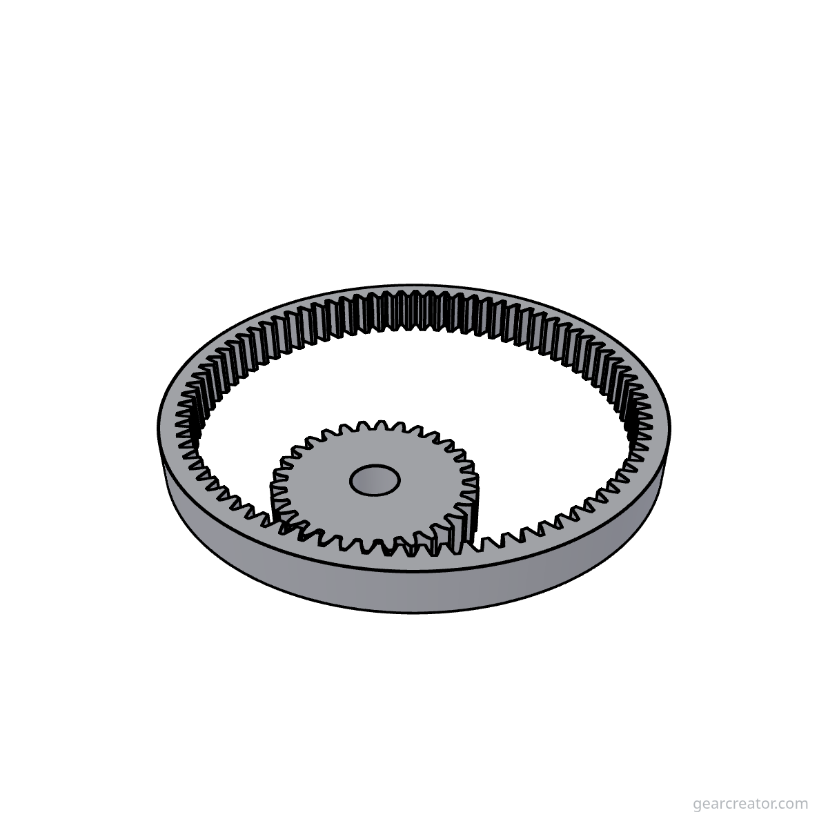 3D render of a 80T Ring / 30T Pinion · m1 internal gears assembly, blueprint style, on white background