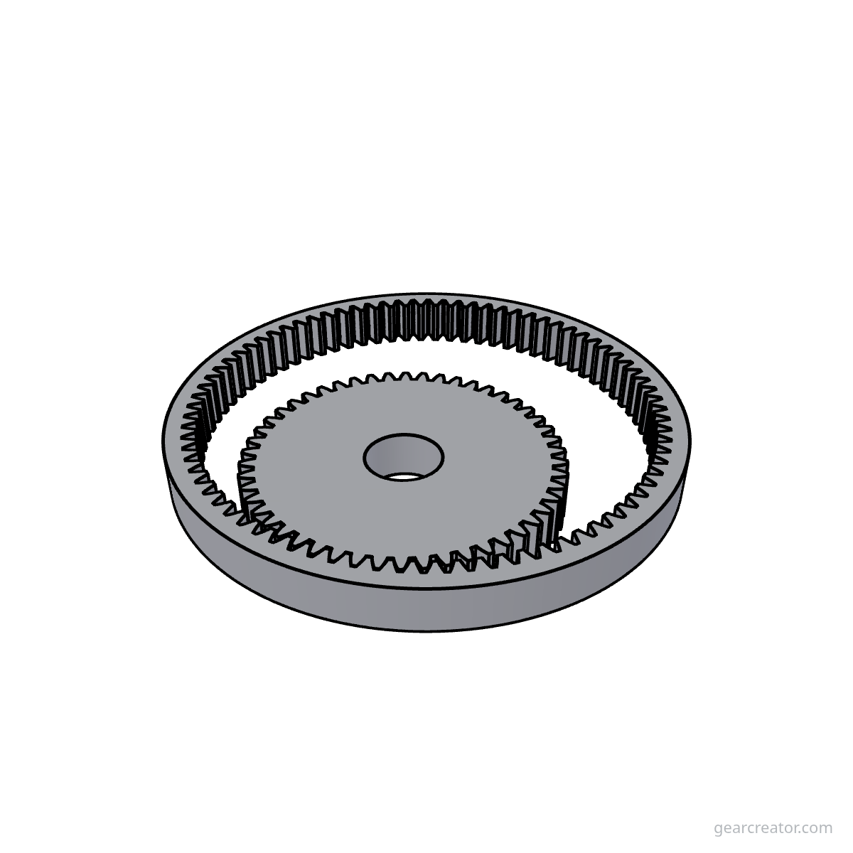 3D render of a 80T Ring / 50T Pinion · m1 internal gears assembly, blueprint style, on white background