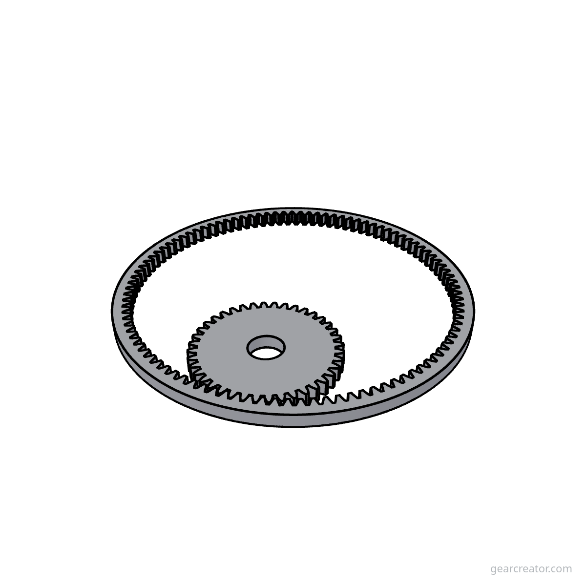 3D render of a 100T Ring / 40T Pinion · m2 internal gears assembly, blueprint style, on white background