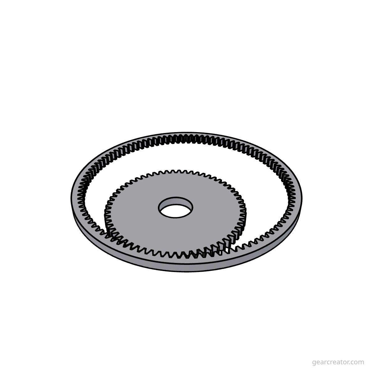 3D render of a 100T Ring / 60T Pinion · m2 internal gears assembly, blueprint style, on white background