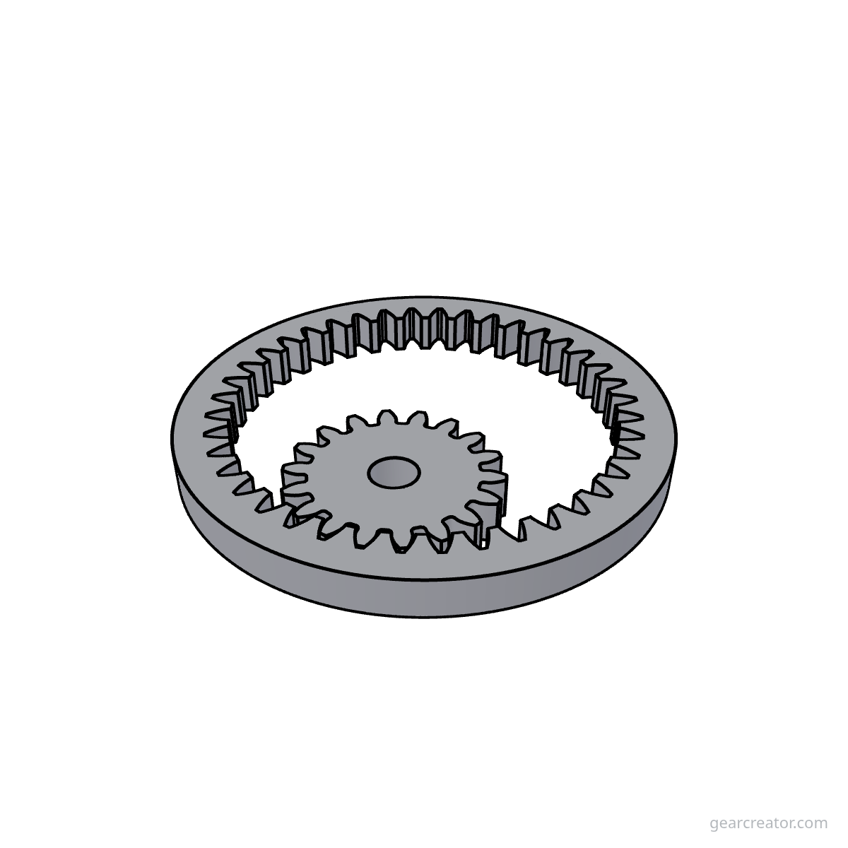 3D render of a 40T Ring / 18T Pinion · m2 internal gears assembly, blueprint style, on white background