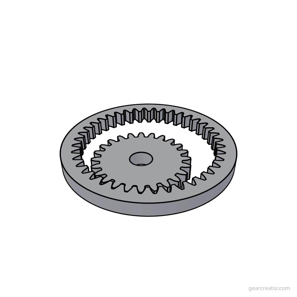 3D render of a 40T Ring / 24T Pinion · m2 internal gears assembly, blueprint style, on white background