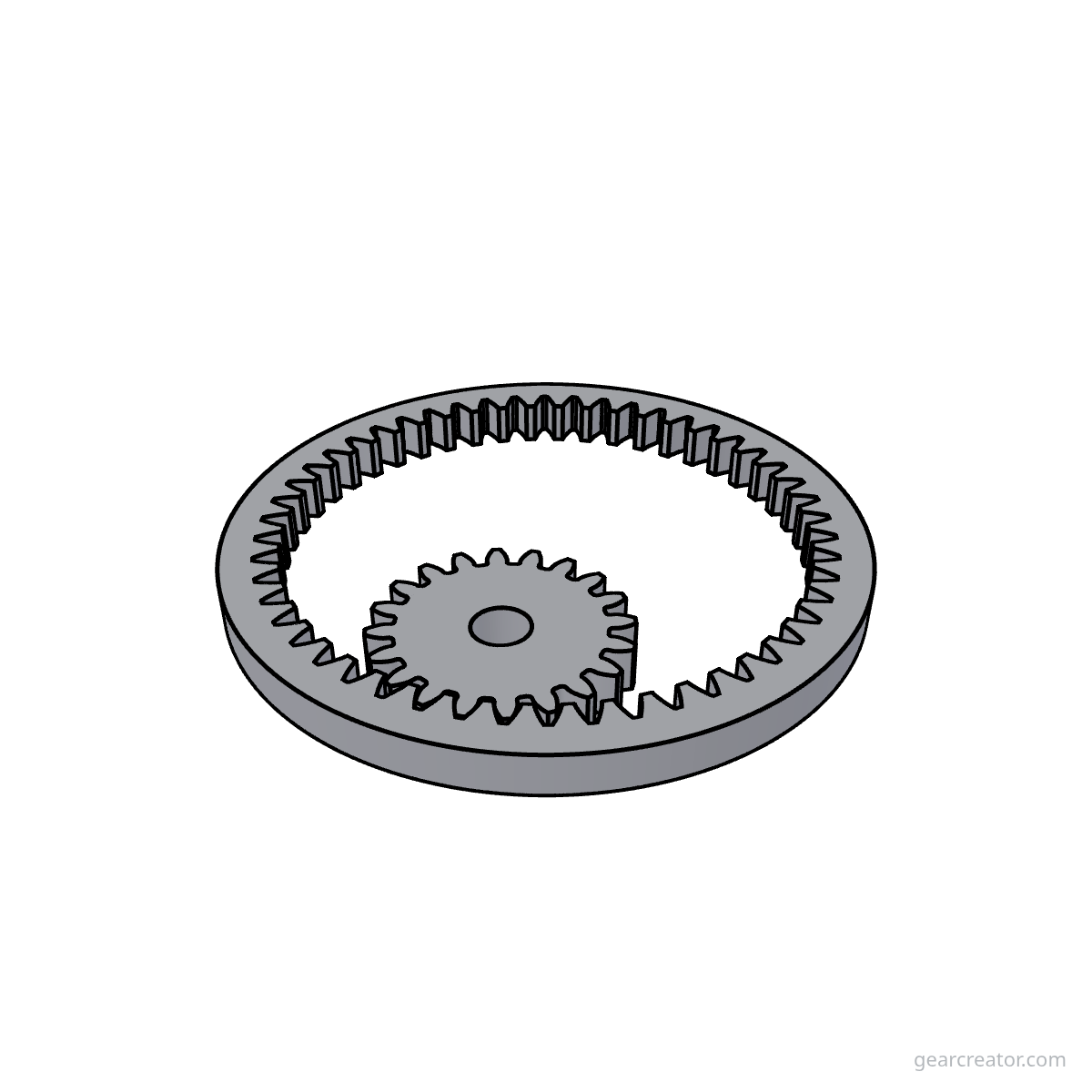 3D render of a 50T Ring / 20T Pinion · m2 internal gears assembly, blueprint style, on white background
