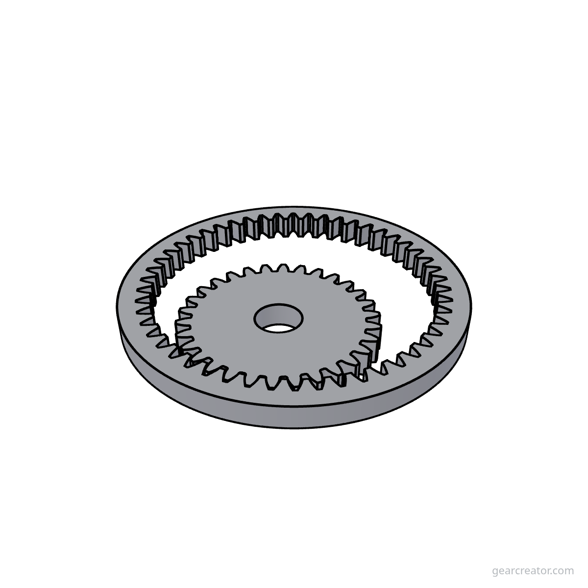 3D render of a 50T Ring / 30T Pinion · m2 internal gears assembly, blueprint style, on white background