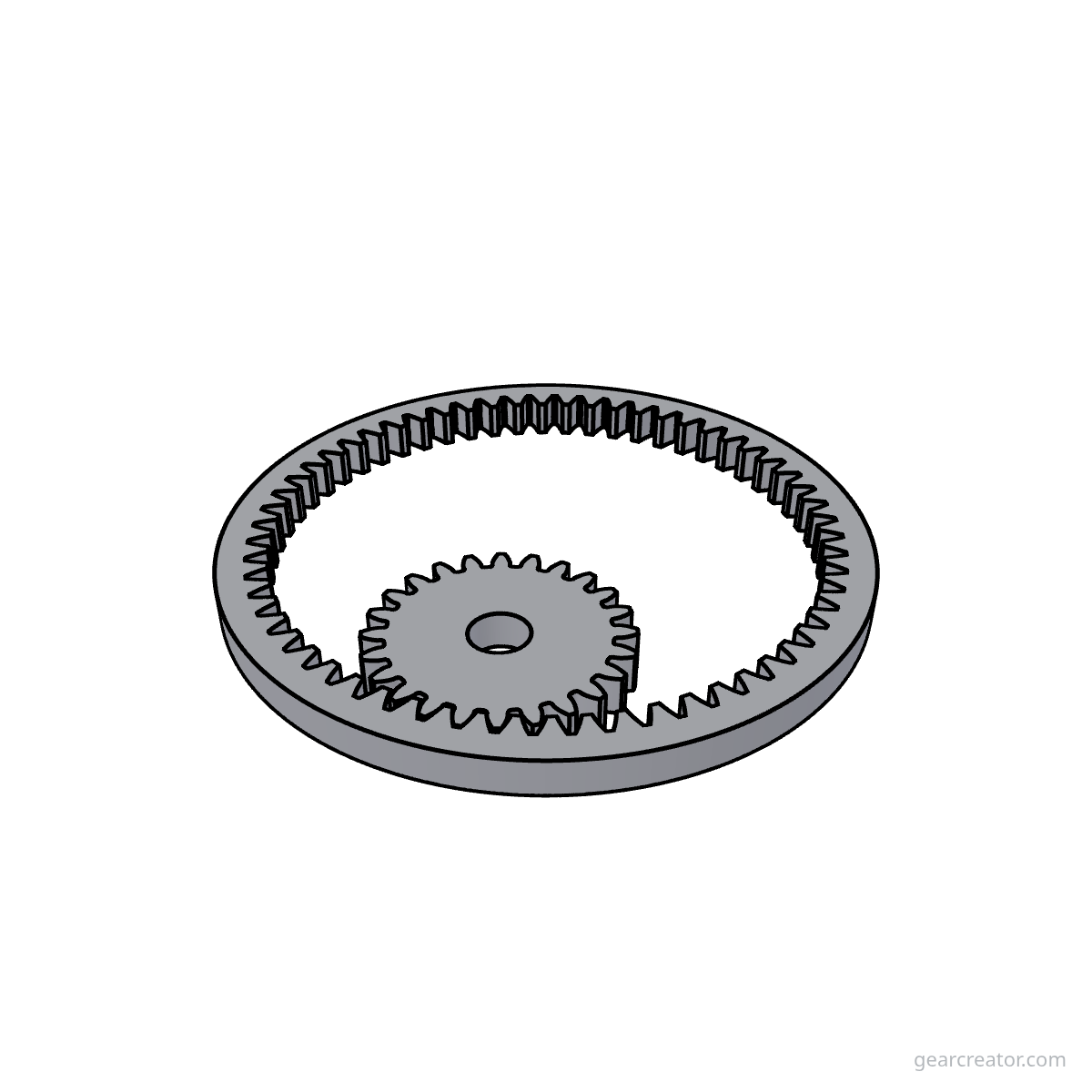 3D render of a 60T Ring / 24T Pinion · m2 internal gears assembly, blueprint style, on white background