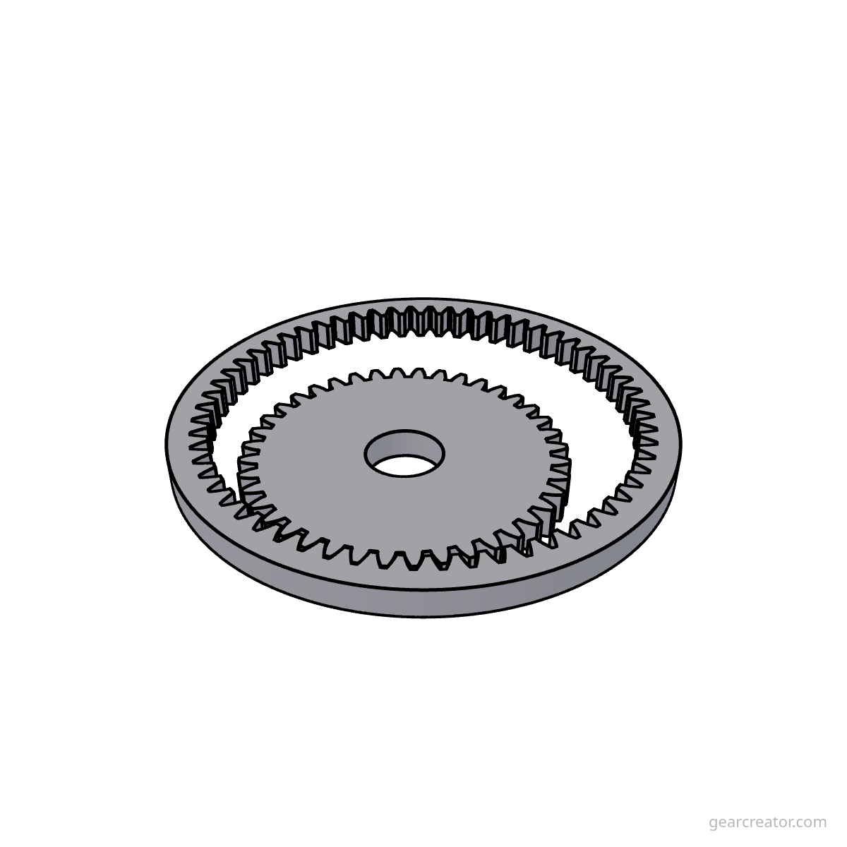 3D render of a 60T Ring / 40T Pinion · m2 internal gears assembly, blueprint style, on white background