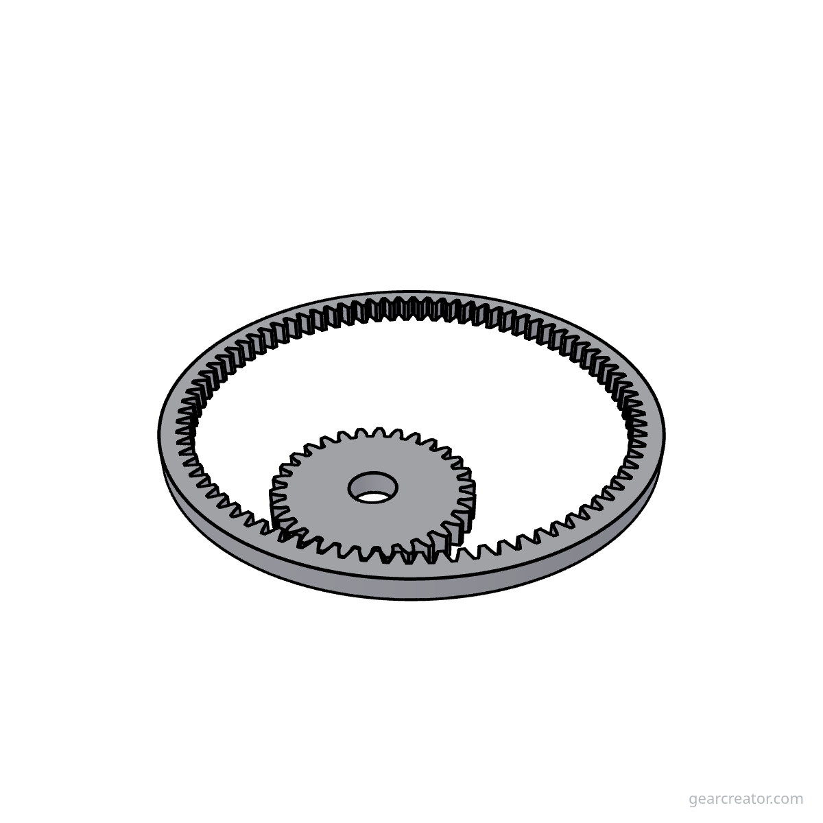3D render of a 80T Ring / 30T Pinion · m2 internal gears assembly, blueprint style, on white background