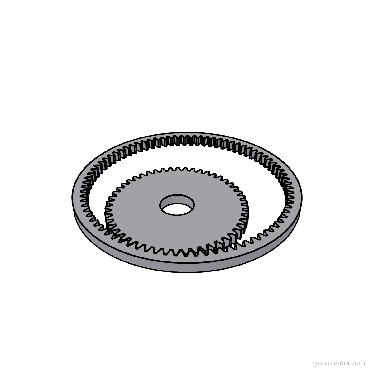 3D render of a 80T Ring / 50T Pinion · m2 internal gears assembly, blueprint style, on white background