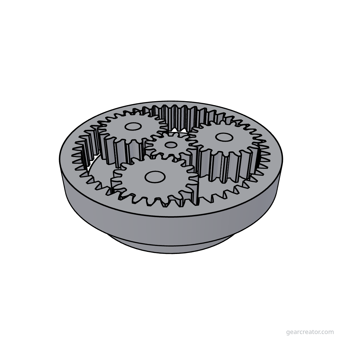 3D render of a Sun 12 / Planet 18  3 · m1 planetary gears assembly, blueprint style, on white background