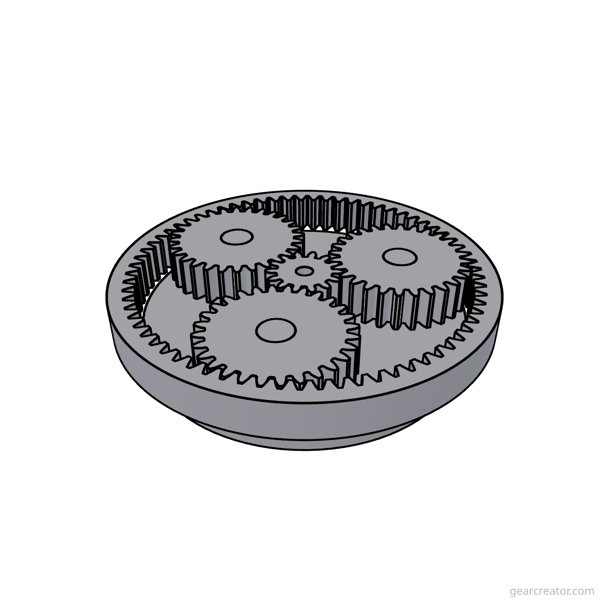 3D render of a Sun 14 / Planet 28  3 · m1 planetary gears assembly, blueprint style, on white background