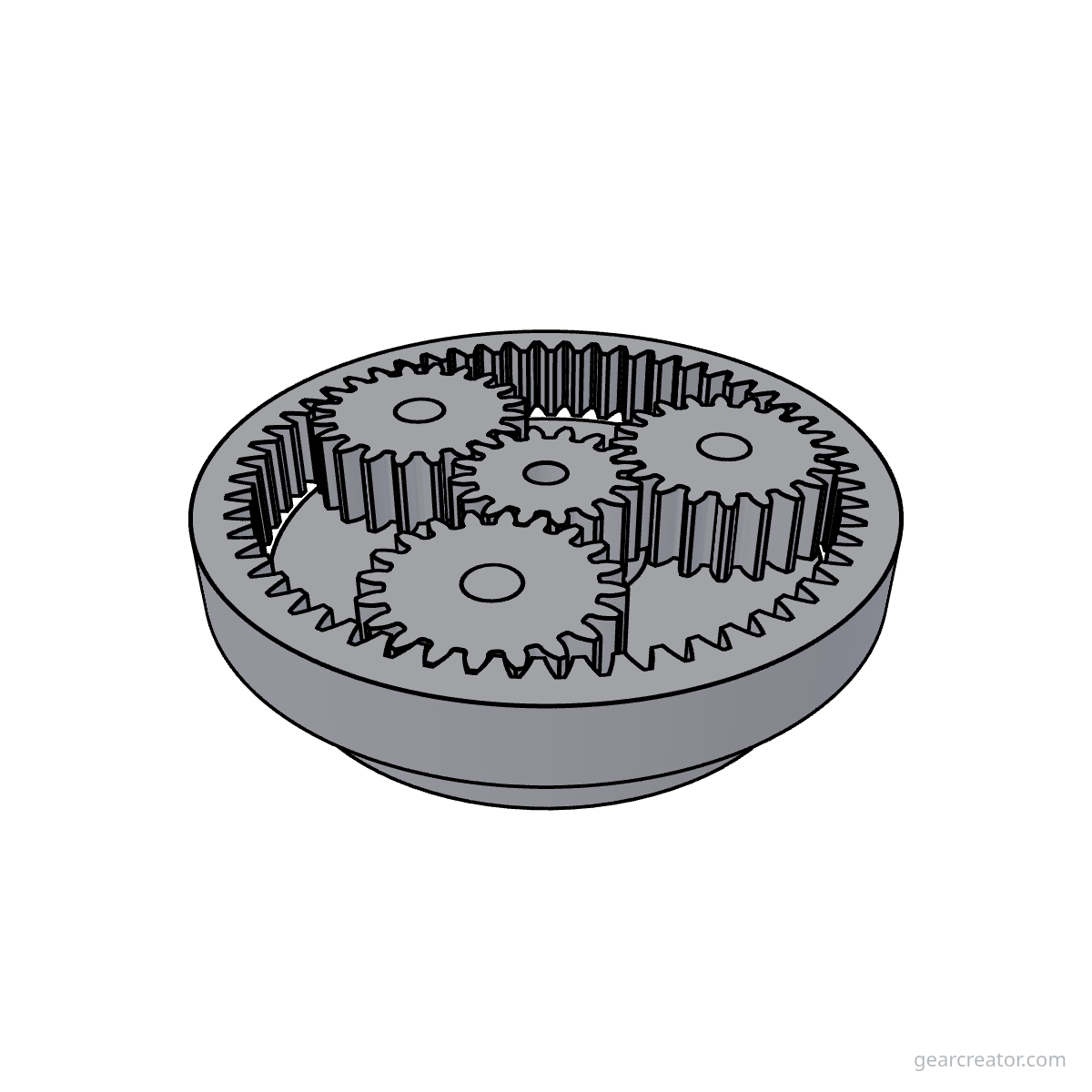 3D render of a Sun 16 / Planet 20  3 · m1 planetary gears assembly, blueprint style, on white background