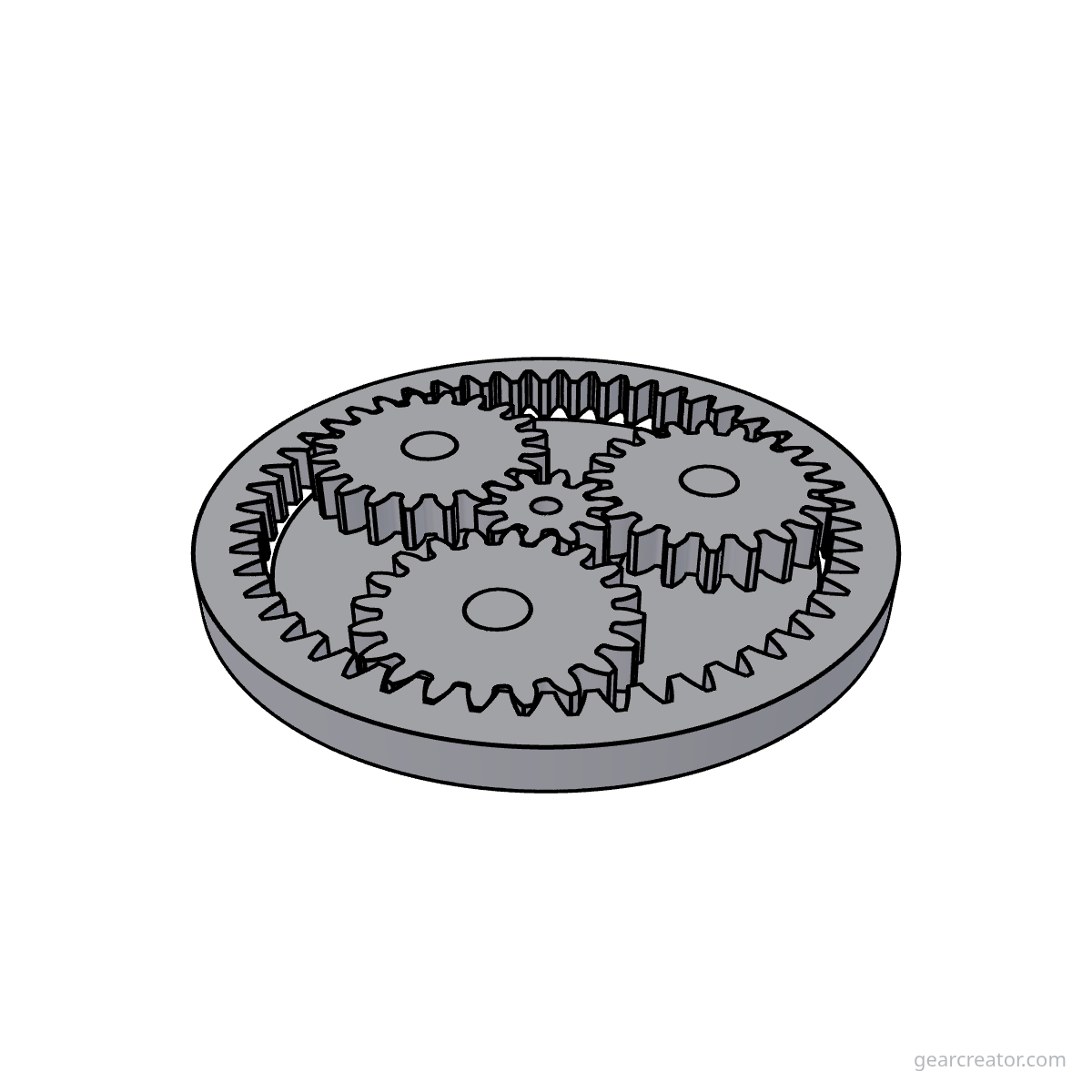 3D render of a Sun 10 / Planet 20  3 · m2 planetary gears assembly, blueprint style, on white background
