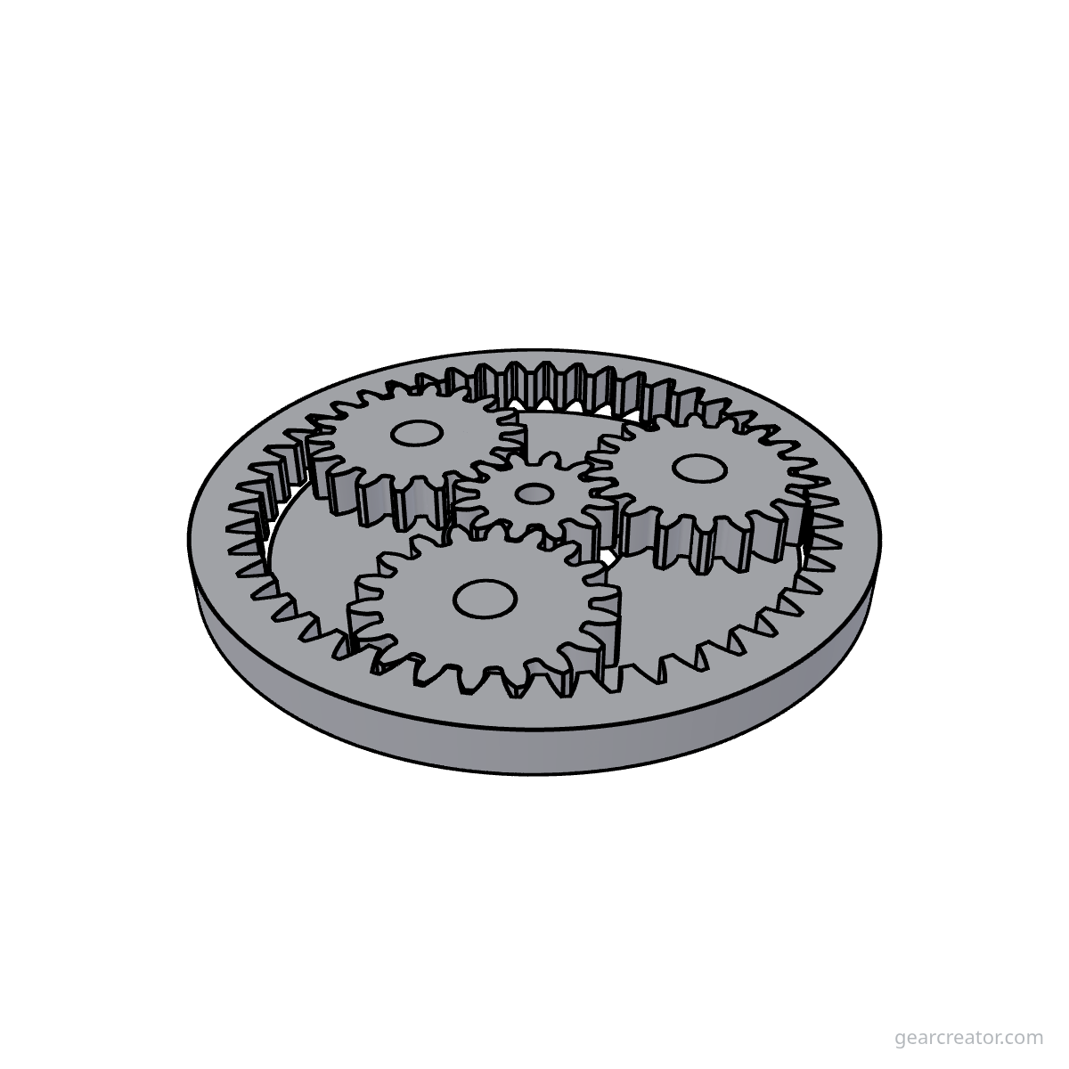 3D render of a Sun 12 / Planet 18  3 · m2 planetary gears assembly, blueprint style, on white background