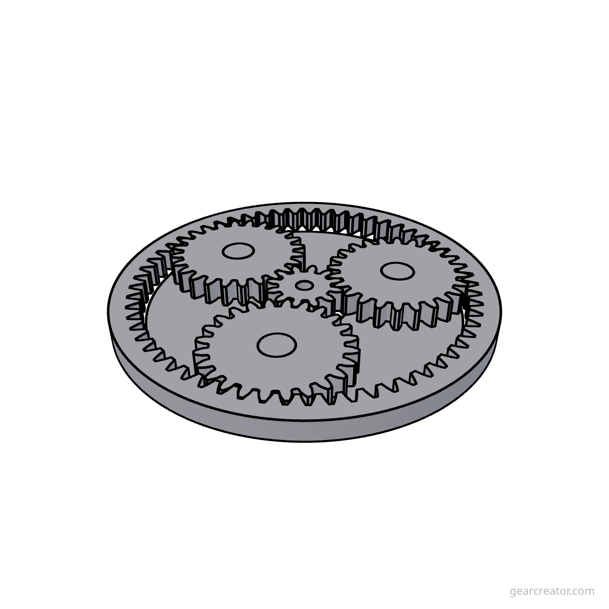 3D render of a Sun 12 / Planet 24  3 · m2 planetary gears assembly, blueprint style, on white background