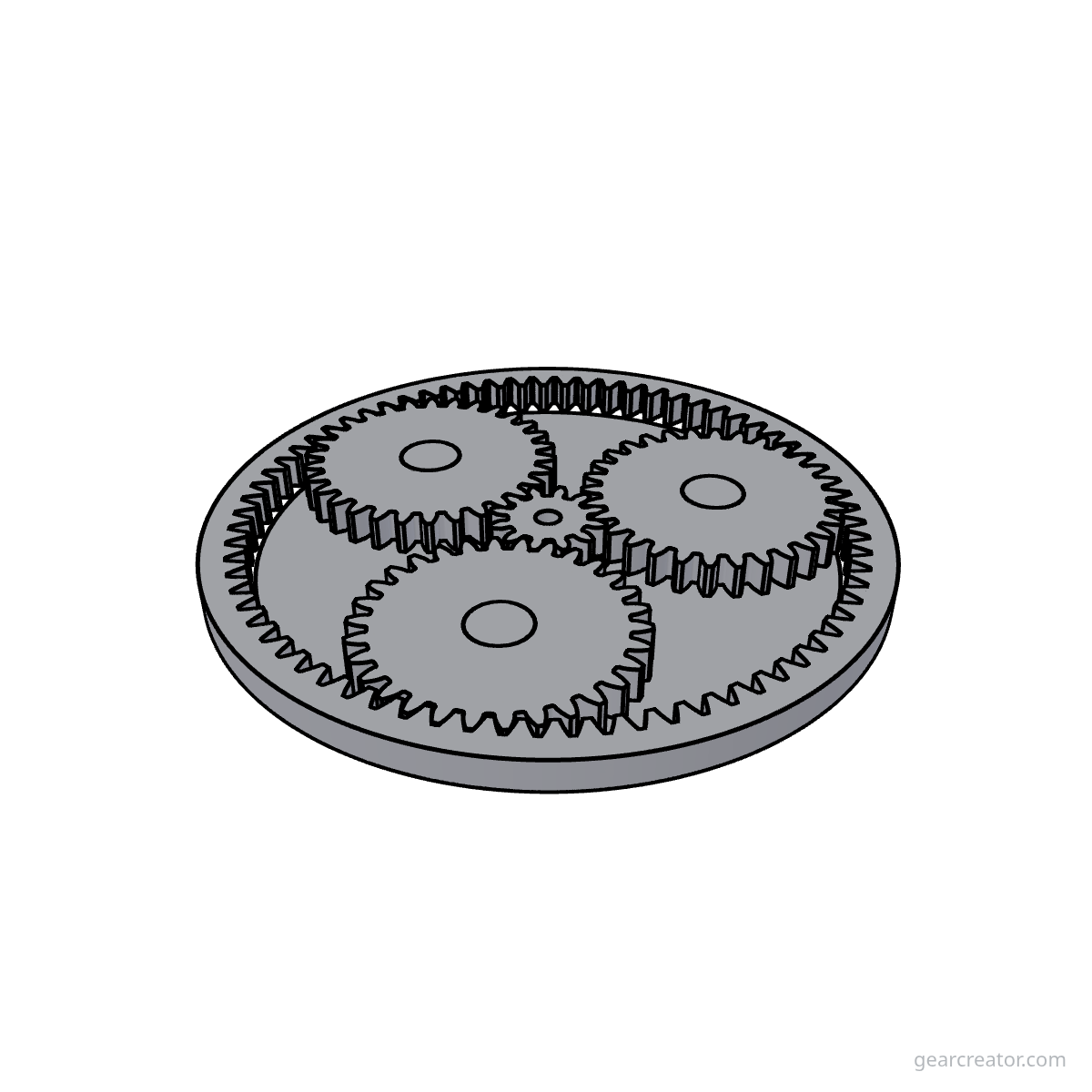 3D render of a Sun 12 / Planet 30  3 · m2 planetary gears assembly, blueprint style, on white background