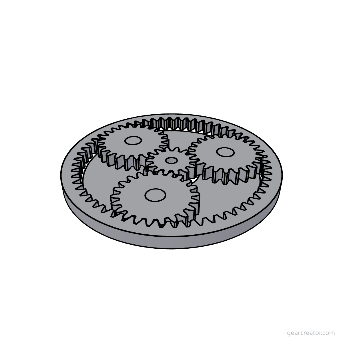 3D render of a Sun 14 / Planet 22  3 · m2 planetary gears assembly, blueprint style, on white background