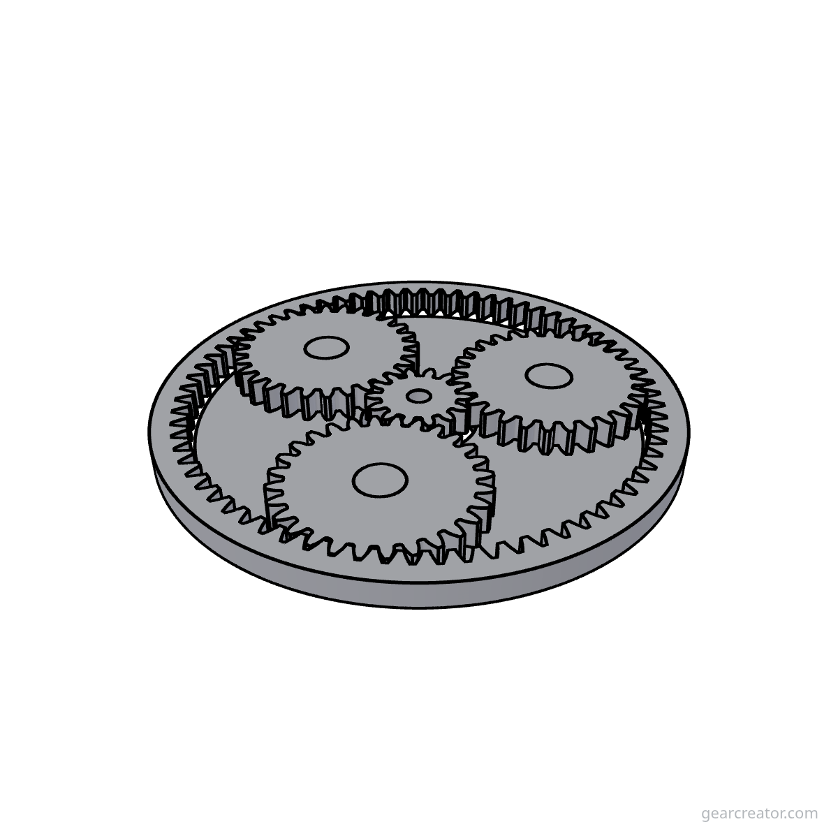 3D render of a Sun 14 / Planet 28  3 · m2 planetary gears assembly, blueprint style, on white background