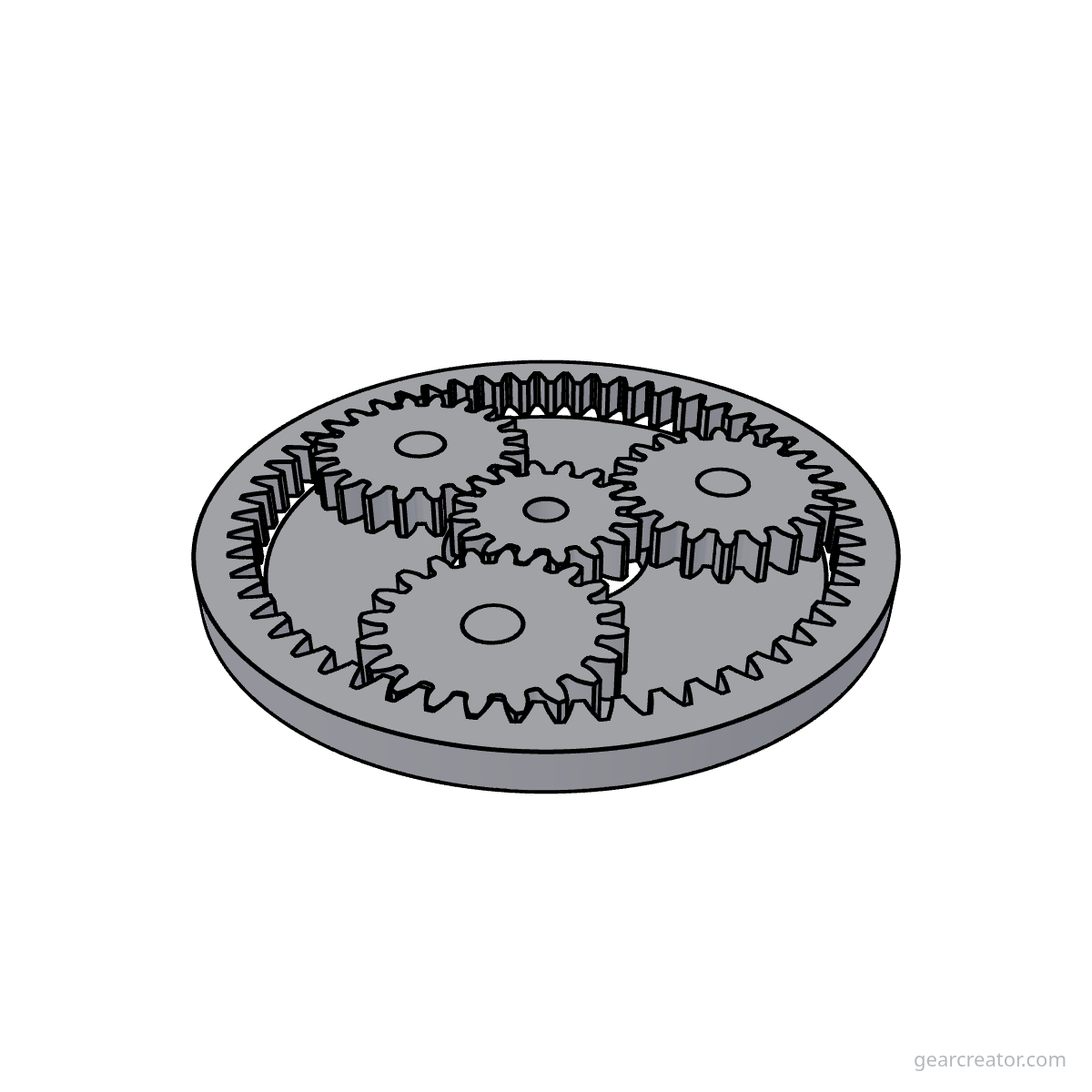 3D render of a Sun 16 / Planet 20  3 · m2 planetary gears assembly, blueprint style, on white background