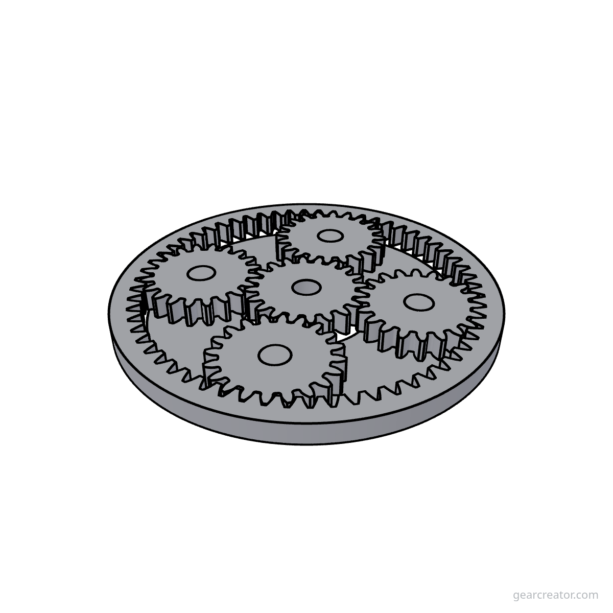3D render of a Sun 20 / Planet 20  4 · m2 planetary gears assembly, blueprint style, on white background
