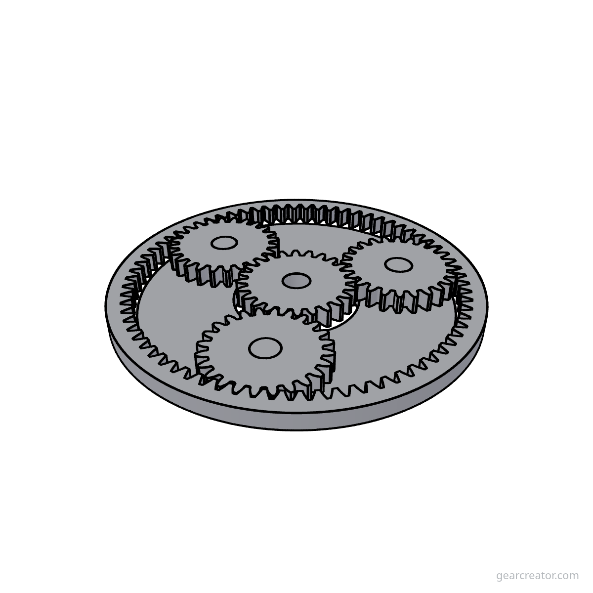 3D render of a Sun 24 / Planet 24  3 · m2 planetary gears assembly, blueprint style, on white background