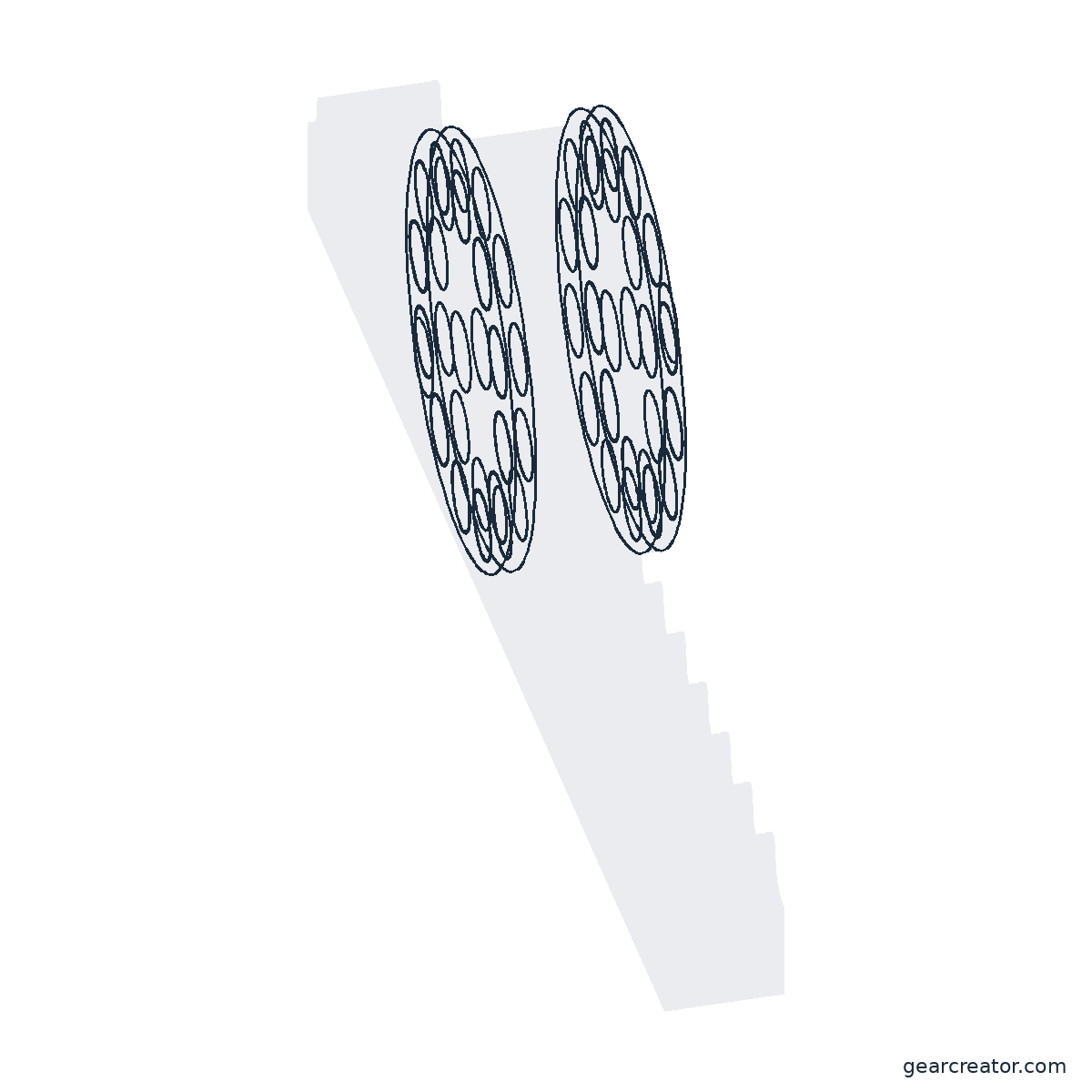 3D render of a 12-Roller Trochoid Rack & Pinion (Rp 10) trochoid rack & pinion assembly, blueprint style, on white background