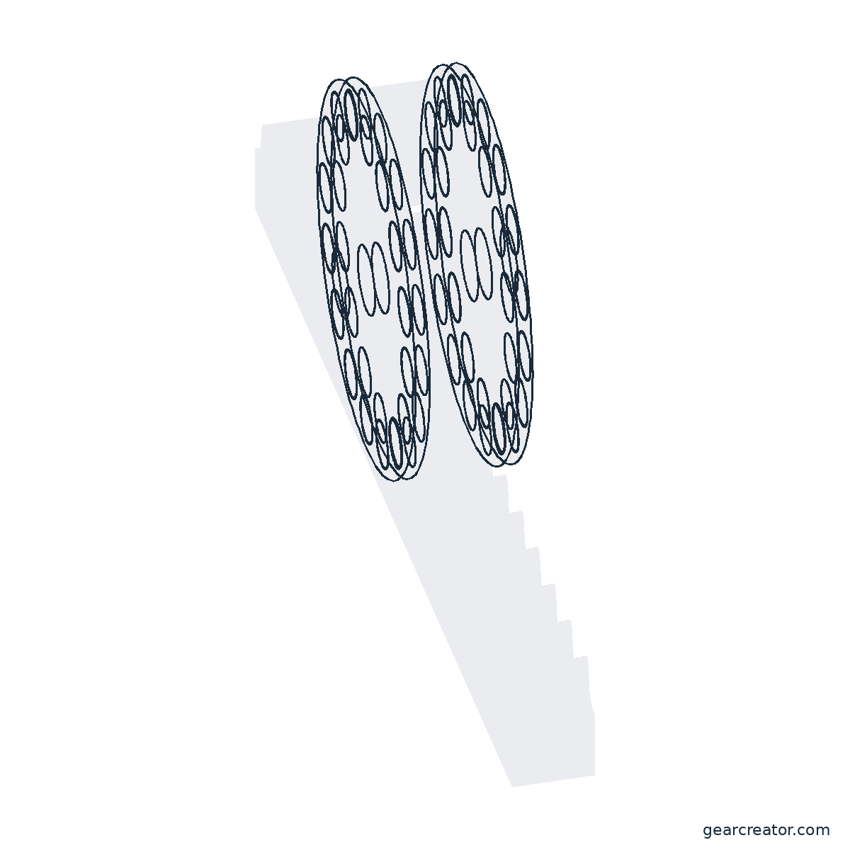 3D render of a 16-Roller Trochoid Rack & Pinion (Rp 14) trochoid rack & pinion assembly, blueprint style, on white background